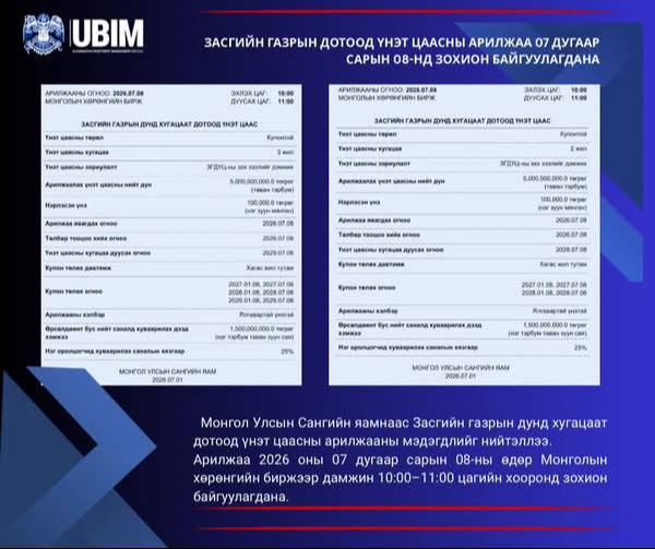 ЗАСГИЙН ГАЗРЫН ДОТООД ҮНЭТ ЦААСНЫ АРИЛЖАА 07 ДУГААР САРЫН 08-НД ЗОХИОН БАЙГУУЛАГДАНА.